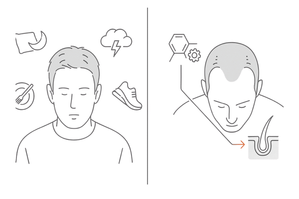 若ハゲとAGAの違いを視覚化する2パネル比較図（20代の薄毛の特徴）