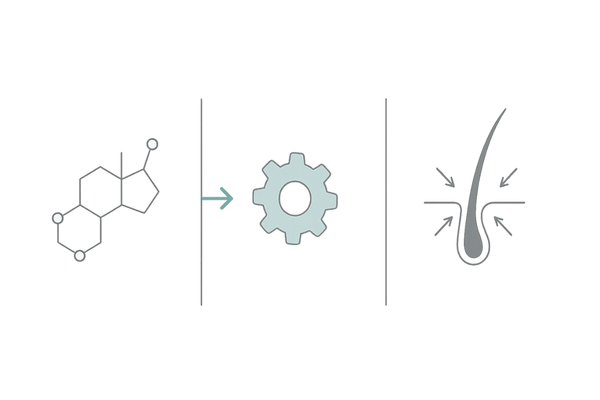 DHT生成の流れ：テストステロン→5αリダクターゼ→毛包ミニチュア化を示す3ステップ図