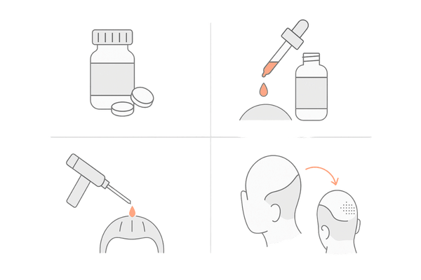 若ハゲ治療の選択肢を整理する2×2アイコン（内服薬・外用ミノキシジル・メソセラピー・自毛植毛）