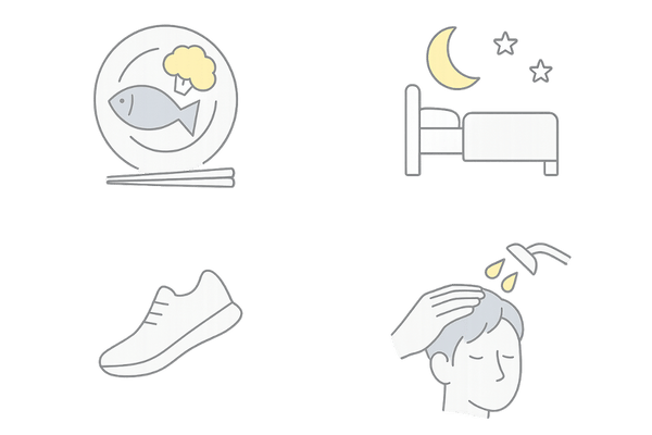 AGA治療を補う生活習慣と頭皮ケア｜食事・睡眠・運動・シャンプーの4アイコン