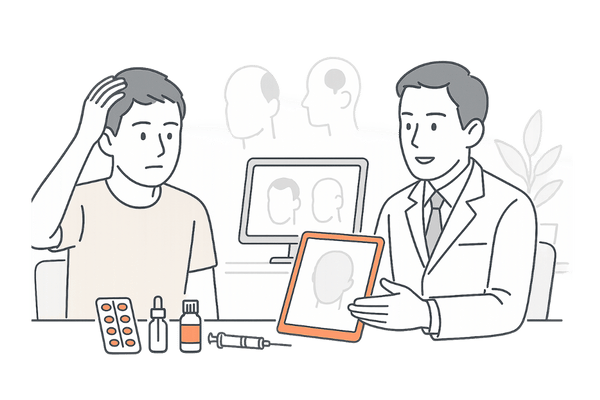 AGAと円形脱毛症の治療法とクリニック受診の流れをイメージしたイラスト