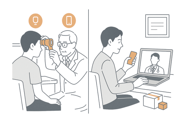 対面診療とオンライン診療の違いを直感的に示す比較イラスト