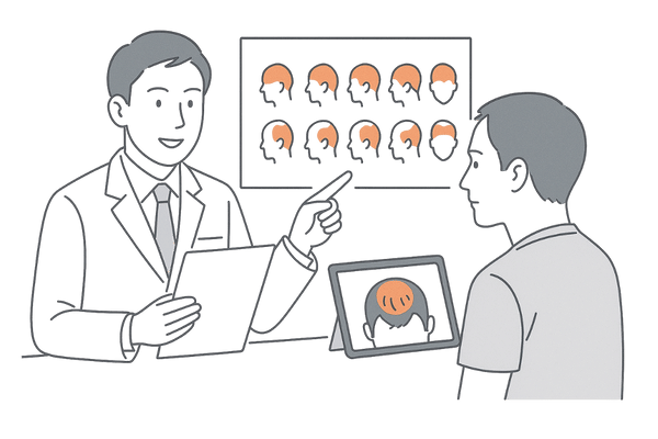 AGAの診断で進行度表と頭皮を確認する男性と医師のイラスト(AGA診断基準の説明用)