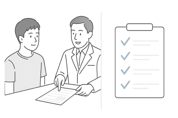 AGA初回カウンセリングで治療内容と費用を確認する男性のイラスト