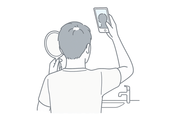 自宅で後頭部をスマホ撮影してAGAの進行をセルフチェックする男性のイラスト