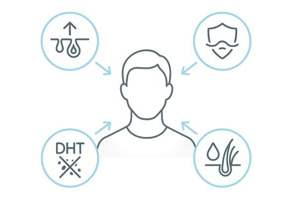 育毛剤の有効成分カテゴリと作用を示すアイコン図
