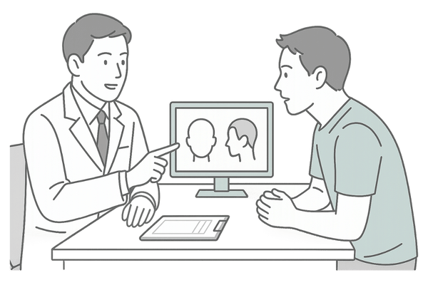 医師がAGAの進行度を説明している場面イメージ（診察ベース）