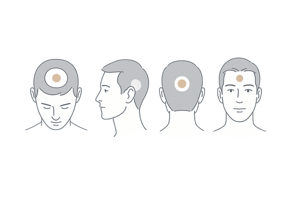 円形脱毛症が起こりやすい部位(頭頂部・側頭部・後頭部・生え際)の違いイメージ