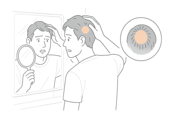 円形脱毛症の初期症状イメージ｜鏡で円形の脱毛斑を確認する男性