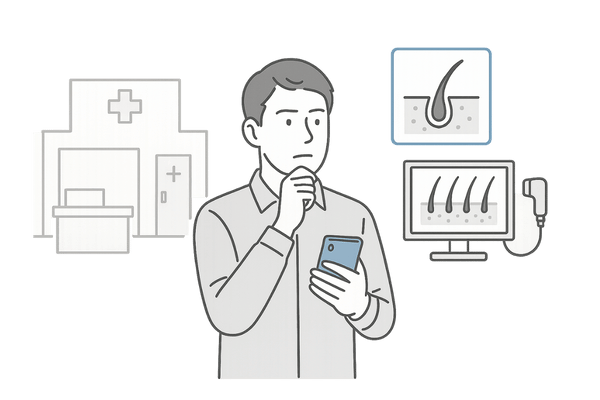 円形脱毛症で皮膚科と脱毛症専門クリニックを比較検討する男性