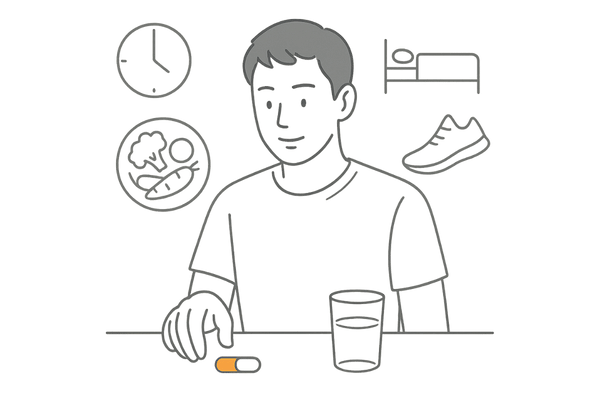 アボルブ・ザガーロの正しい服用方法と生活習慣の見直しをイメージした男性のイラスト