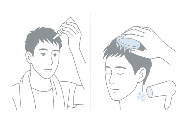 クールシャンプー後にスカルプエッセンスやブラシで頭皮ケアする男性のイメージ