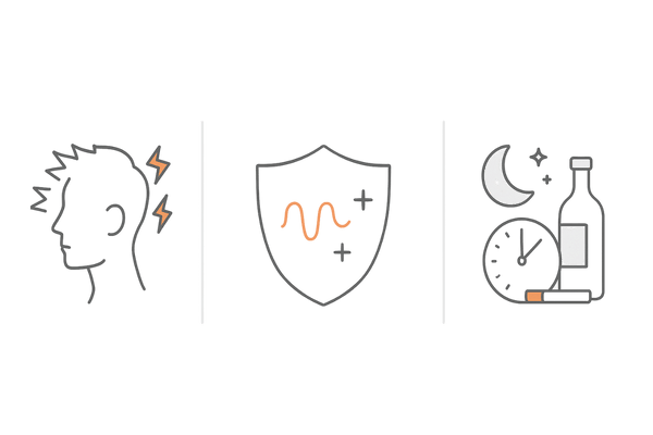 つむじの円形脱毛症が起こりやすい要因アイコン図（ストレス・免疫・生活習慣）