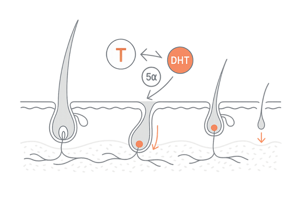 DHTとAGAがつむじはげに与える影響の模式図