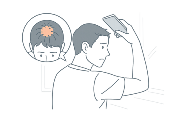 つむじハゲを気にする若い男性がスマホで頭頂部をセルフチェックするイメージ