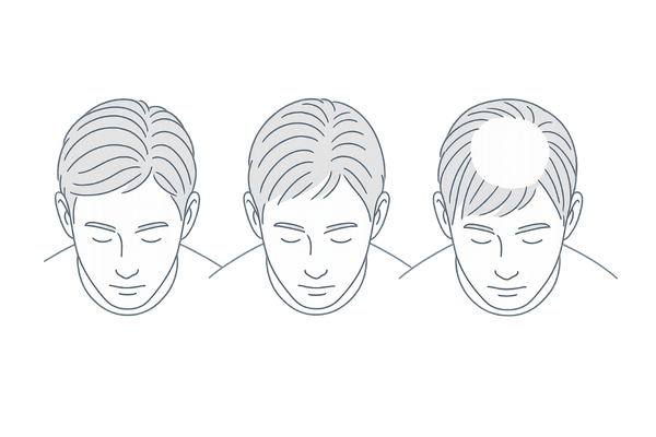 つむじハゲの進行パターンを比較した男性頭頂部のイラスト