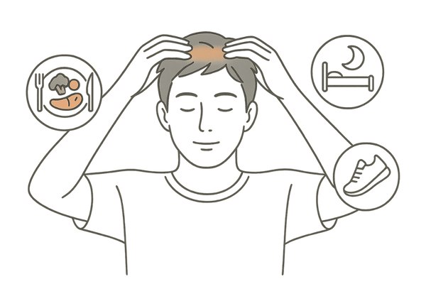 つむじハゲ予防のために頭皮マッサージや生活習慣を見直す男性のイラスト