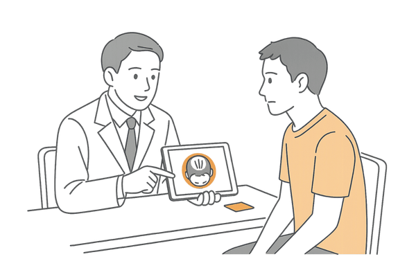 つむじハゲ治療について医師に相談する男性とAGAクリニックのカウンセリング風景イラスト