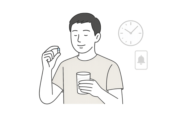 デュタステリド0.5mgを毎日同じ時間に水で服用する男性のイラスト