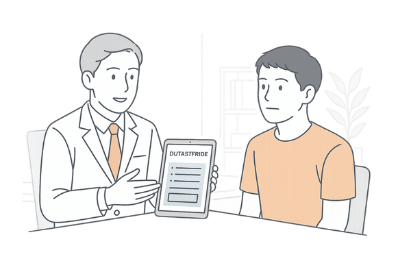 デュタステリド治療についてAGA専門クリニックで医師に相談する男性のイラスト