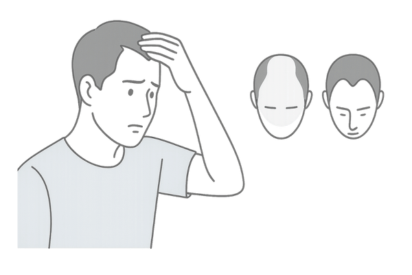 AGAの進行イメージと薄毛を気にする男性｜デュタステリド・ミノキシジル治療の前提