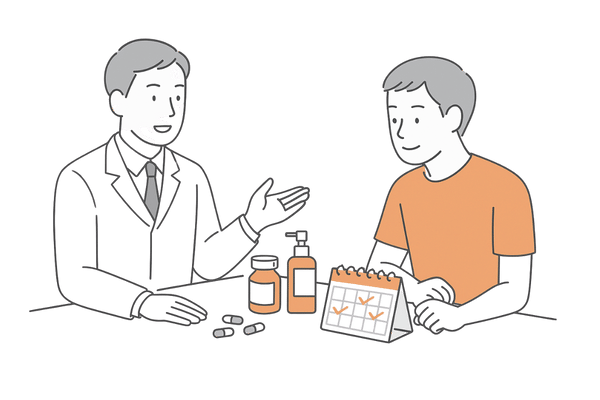 AGA専門クリニックで併用治療の説明を受ける男性｜費用と継続管理の相談イメージ