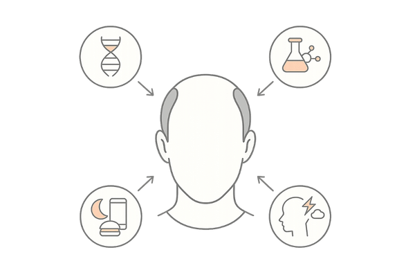 若ハゲの原因｜遺伝・ホルモン・生活習慣・ストレスの関係図