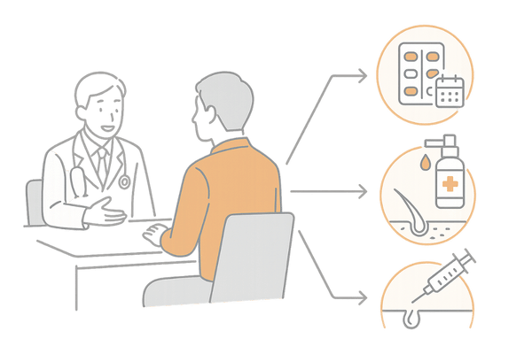 若ハゲ治療の選び方｜内服・外用・注入療法の選択イメージ