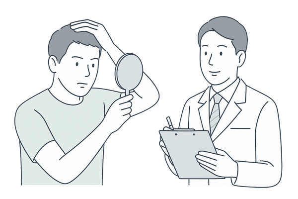 フィナステリド服用前の頭皮状態チェックと医師への相談イメージ（AGA治療の開始準備