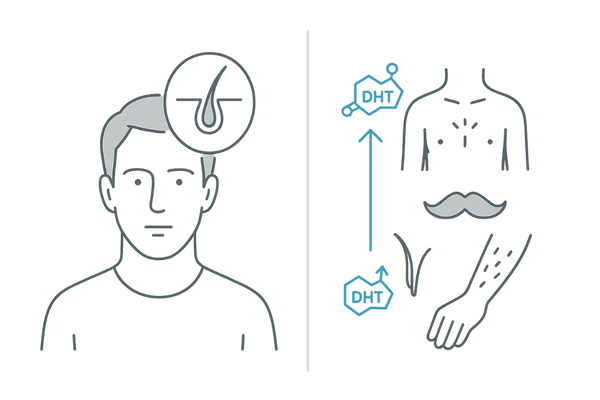 頭髪と体毛のDHT感受性の違いを示す比較図