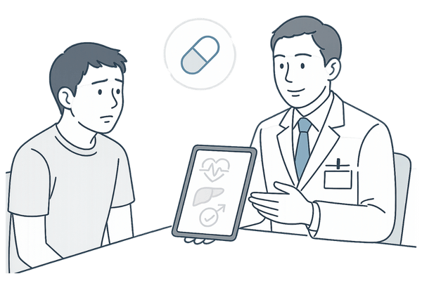 フィナステリド服用時の副作用と安全性について医師に相談する男性のイメージ