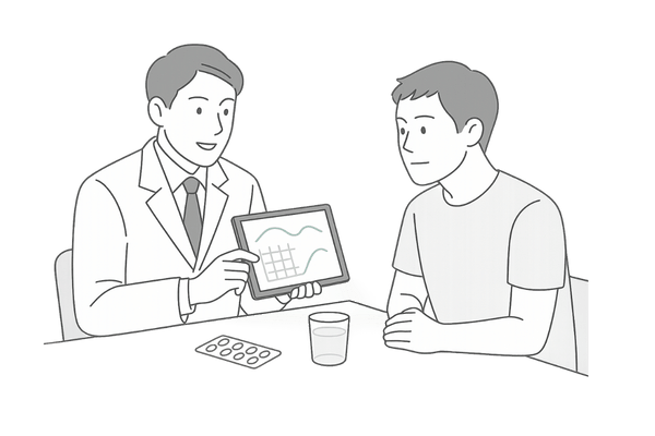 フィナステリドの正しい飲み方と継続を医師に相談する男性のイメージ