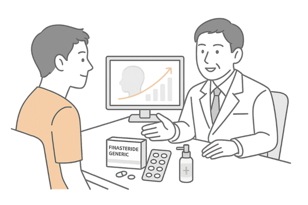 フィナステリドジェネリックとミノキシジルを併用したAGA治療を医師と相談する男性のイラスト