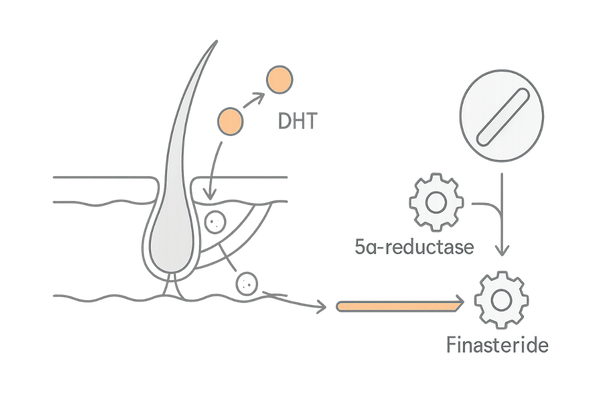 フィナステリドがDHT生成を抑える仕組み図（5αリダクターゼ阻害）