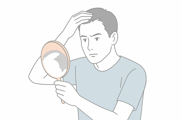 生え際の後退を鏡でチェックする男性のイラスト