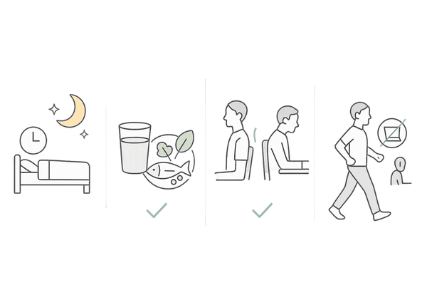 頭痛予防の生活習慣チェック（睡眠・水分・姿勢・運動）のアイコン図