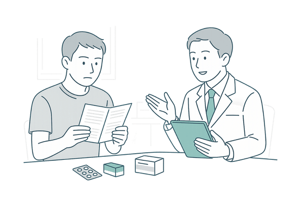 フィナステリドの添付文書を確認しながら医師と相談する男性のイメージ