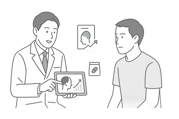 AGAクリニックでフィナステリド治療について相談する男性と医師のイラスト