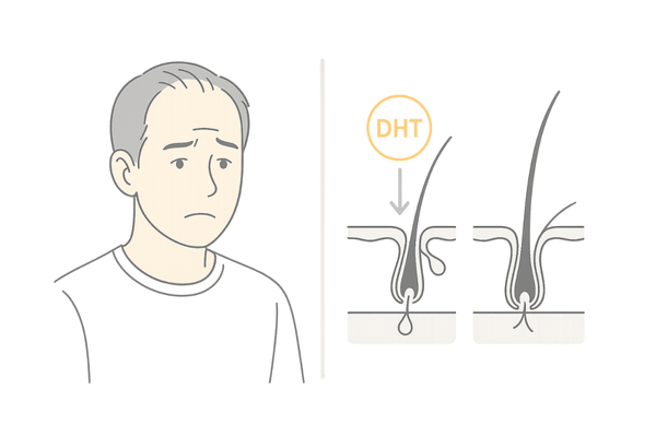 DHTによるAGA進行とフィナステリドの抜け毛抑制メカニズムの図解