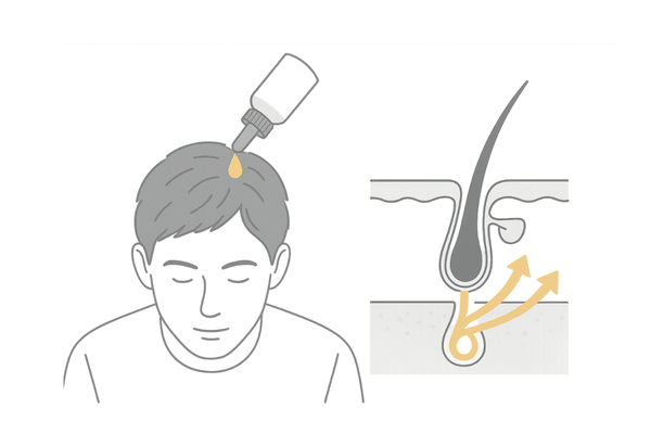 ミノキシジルによる頭皮血行促進と発毛サポートを説明するイメージ図