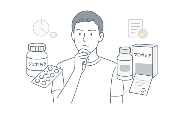 フィナステリドとプロペシア(ジェネリックと先発薬)の違いを比較する男性向けAGA治療イメージ