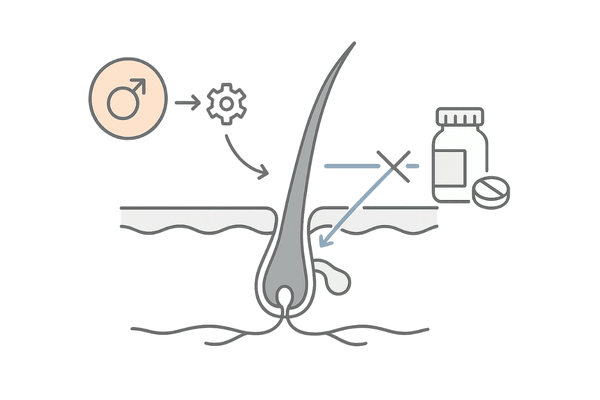 DHTとヘアサイクルに作用するフィナステリド・プロペシアの仕組み図(男性型脱毛症AGA)
