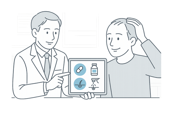 医師と相談しながら前頭部の薄毛治療プランを立てる男性のイメージ
