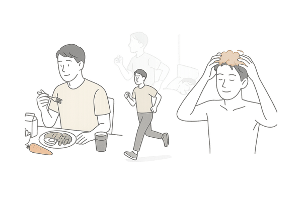 前頭部の薄毛改善を目指した食事・運動・頭皮ケアの生活習慣イメージ