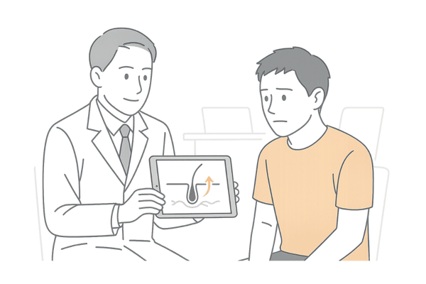 ハーグ療法の基本イメージ|医師によるAGA頭皮状態の説明シーン