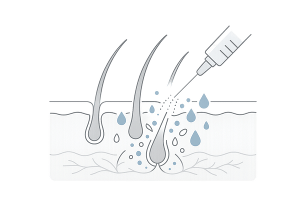 ハーグ療法の成長因子注入イメージ|頭皮の断面図と毛根へのアプローチ