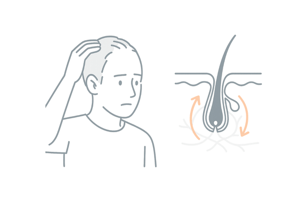 育毛剤の役割と薄毛の原因を説明するイメージイラスト(男性の頭皮と毛根の図解)