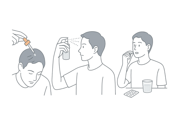 ローション・スプレー・内服タイプの育毛剤の違いを表現したイメージイラスト