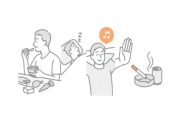 育毛剤の効果を高める生活習慣(食事・睡眠・ストレス対策・禁煙)のイメージイラスト