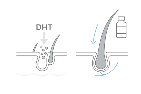 男性ホルモンとDHT・ミノキシジルの作用を示す頭皮断面図イラスト